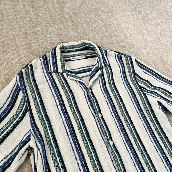 Zara Stripe Button Up Short Sleeve Cotton Shirt L Stripe - Picture 3 of 8